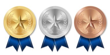 Mavi kurdeleli ve yıldızlı altın gümüş ve bronz madalya