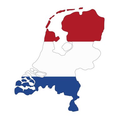 Beyaz zemin üzerinde bayrak bulunan Hollanda haritası silueti