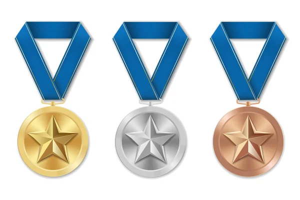 Golden Silver Bronze Award Sport Medal Blue Ribbons Star — Stock Vector