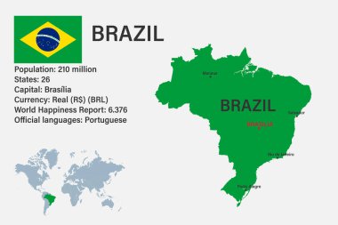 Dünyanın bayrağı, sermayesi ve küçük haritasıyla son derece detaylı Brezilya haritası