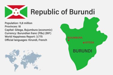 Bayrak, sermaye ve küçük dünya haritasıyla son derece detaylı Burundi haritası