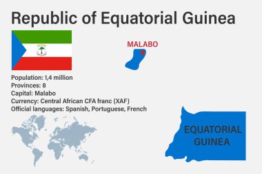 Dünyanın bayrak, sermaye ve küçük haritasıyla son derece detaylı Ekvator Ginesi haritası