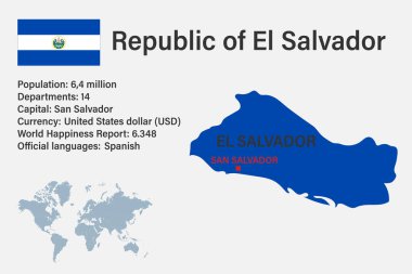 El Salvador haritasında bayrak, sermaye ve küçük dünya haritası var.