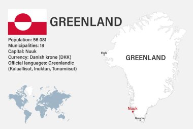 Dünyanın bayrak, sermaye ve küçük haritasıyla son derece detaylı Grönland haritası