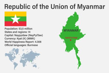 Bayrak, sermaye ve küçük dünya haritasıyla son derece detaylı Myanmar haritası