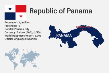 Bayrak, sermaye ve küçük dünya haritasıyla son derece detaylı Panama haritası