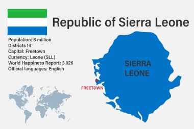 Dünyanın bayrak, sermaye ve küçük haritasıyla son derece detaylı Sierra Leone haritası