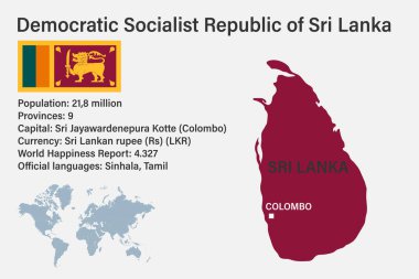 Dünyanın bayrak, sermaye ve küçük haritasıyla son derece detaylı Sri Lanka haritası