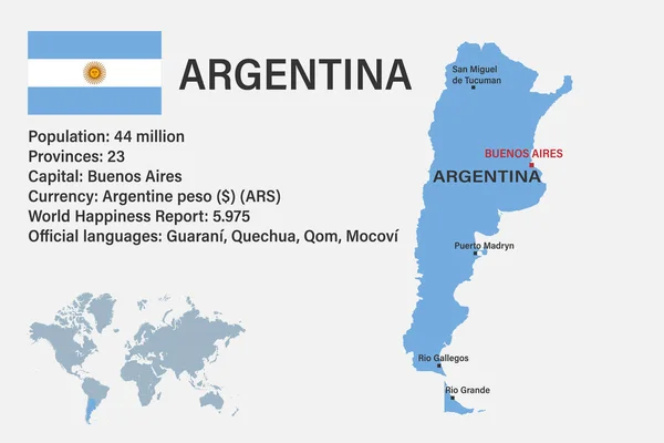 Detaillierte Argentinien Karte Mit Flagge Hauptstadt Und Kleiner Weltkarte — Stockvektor
