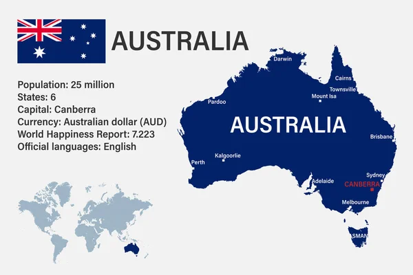 Подробная Карта Австралии Флагом Столицей Маленькой Картой Мира — стоковый вектор