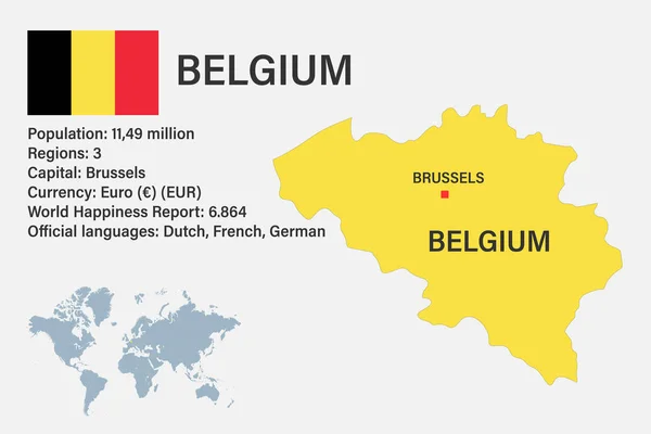 Mycket Detaljerad Belgisk Karta Med Flagga Huvudstad Och Liten Karta — Stock vektor