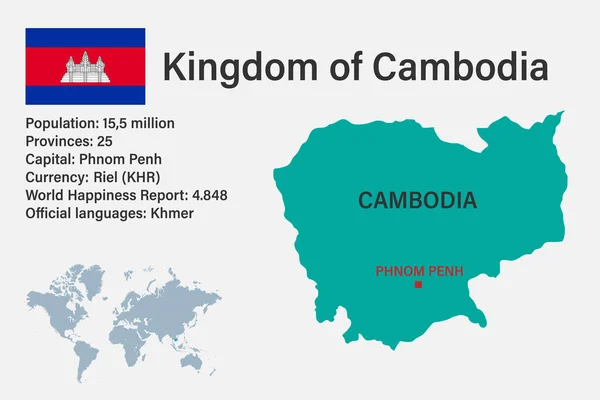 Mapa Camboja Altamente Detalhado Com Bandeira Capital Pequeno Mapa Mundo — Vetor de Stock