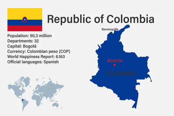 Zeer Gedetailleerde Kaart Van Colombia Met Vlag Hoofdstad Kleine Kaart — Stockvector