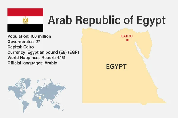 Vysoce Podrobná Mapa Egypta Vlajkou Hlavním Městem Malou Mapou Světa — Stockový vektor