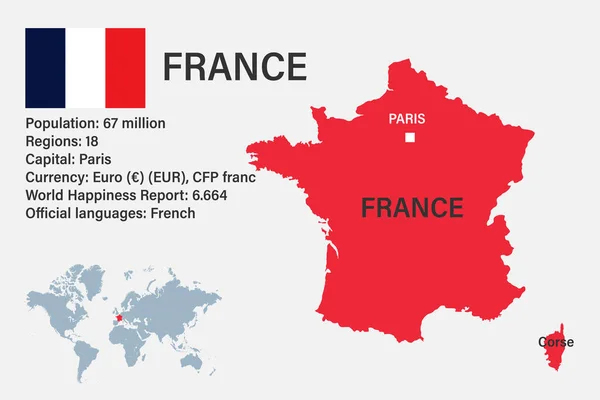 Carte Très Détaillée France Avec Drapeau Capitale Petite Carte Monde — Image vectorielle