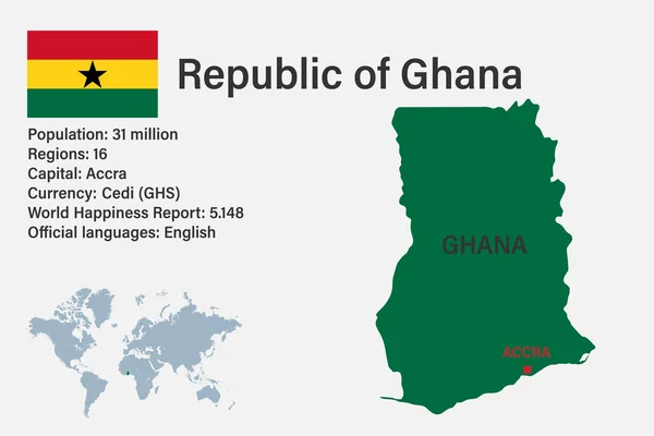 Zeer Gedetailleerde Ghana Kaart Met Vlag Hoofdstad Kleine Kaart Van — Stockvector