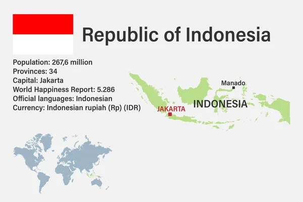 Mappa Altamente Dettagliata Dell Indonesia Con Bandiera Capitale Piccola Mappa — Vettoriale Stock