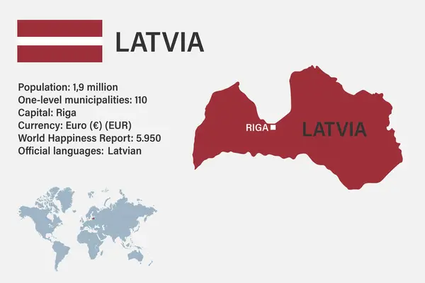 Mapa Altamente Detallado Letonia Con Bandera Capital Pequeño Mapa Del — Vector de stock