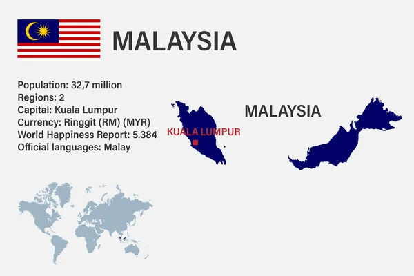 stock vector Highly detailed Malaysia map with flag, capital and small map of the world