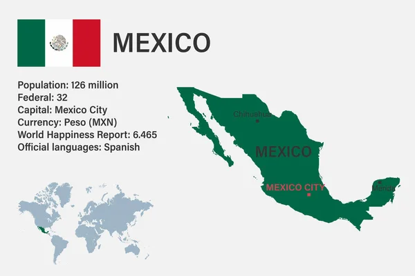 Vysoce Podrobná Mapa Mexika Vlajkou Hlavním Městem Malou Mapou Světa — Stockový vektor