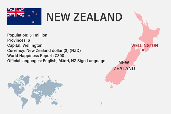 Vysoce Podrobná Mapa Nového Zélandu Vlajkou Hlavním Městem Malou Mapou — Stockový vektor
