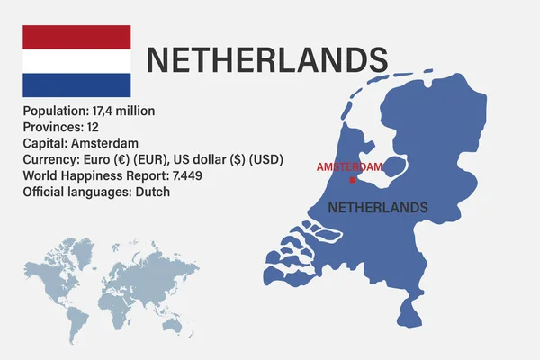 Εξαιρετικά Λεπτομερής Χάρτης Της Ολλανδίας Σημαία Πρωτεύουσα Και Μικρό Χάρτη — Διανυσματικό Αρχείο