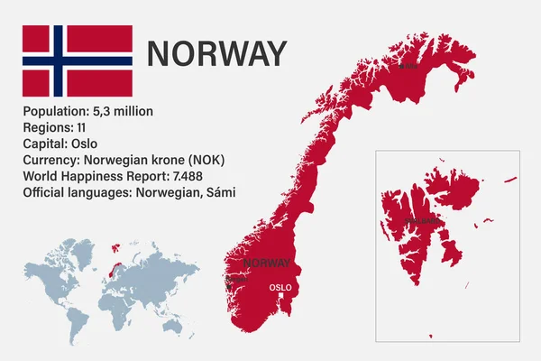 Mapa Noruega Muy Detallado Con Bandera Capital Pequeño Mapa Del — Archivo Imágenes Vectoriales