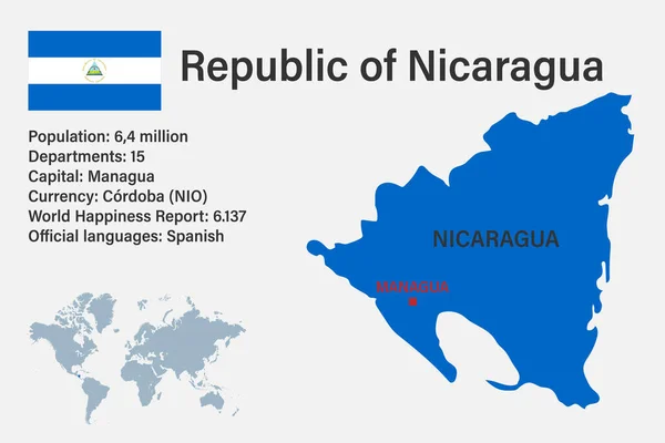 Mapa Nicaragua Muy Detallado Con Bandera Capital Pequeño Mapa Del — Archivo Imágenes Vectoriales