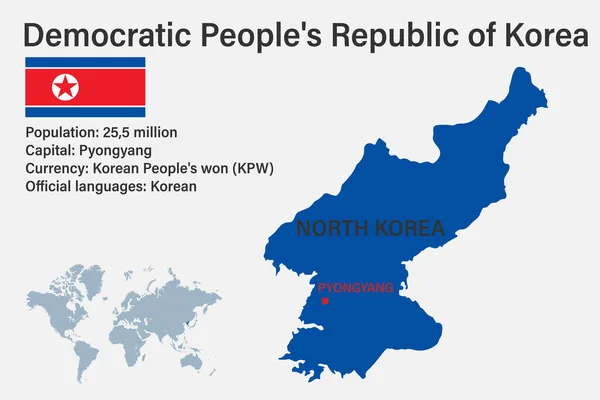 Mapa Coreia Norte Altamente Detalhado Com Bandeira Capital Pequeno Mapa — Vetor de Stock