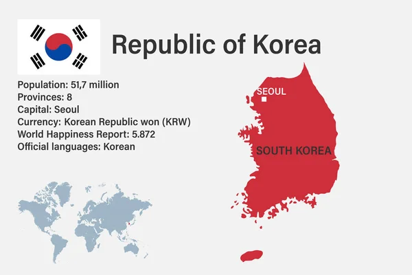 Mapa Coreia Sul Altamente Detalhado Com Bandeira Capital Pequeno Mapa — Vetor de Stock