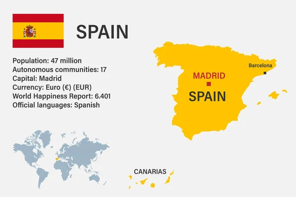Mycket Detaljerad Spanien Karta Med Flagga Huvudstad Och Liten Karta — Stock vektor
