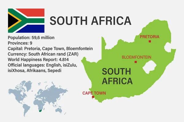 Подробная Карта Южной Африки Флагом Столицей Маленькой Картой Мира — стоковый вектор