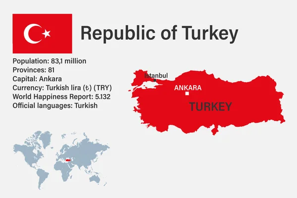 stock vector Highly detailed Turkey map with flag, capital and small map of the world