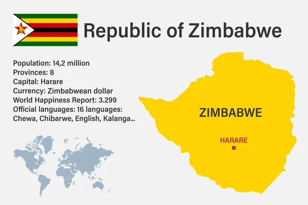 Rendkívül Részletes Zimbabwei Térkép Zászlóval Fővárossal Világ Kis Térképével — Stock Vector