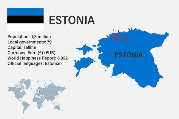 Wysoko Szczegółowa Mapa Estonii Flagą Stolicą Małą Mapą Świata Wektory Stockowe bez tantiem