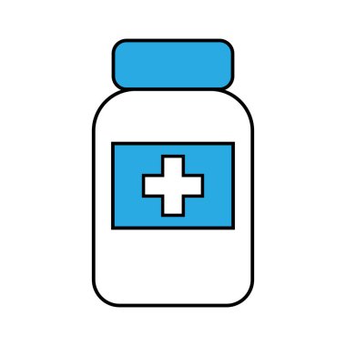 Tıbbi haplar, ilaç şişesi, basit düz çizimler.