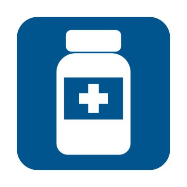 Tıbbi haplar, ilaç şişesi, basit düz çizimler.