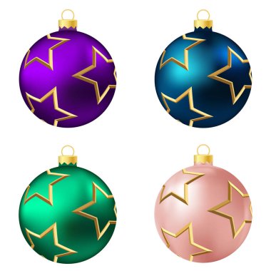 Bir set mor, mavi, yeşil ve kırmızı Noel ağacı oyuncağı veya top
