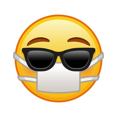 Tıbbi maskeli ve güneş gözlüklü yüz. Kocaman sarı bir gülümseme.