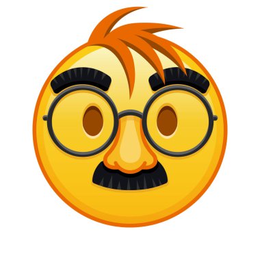 Gözlüklü ve bıyıklı bir yüz. Kocaman sarı bir gülümseme ve saçları var.