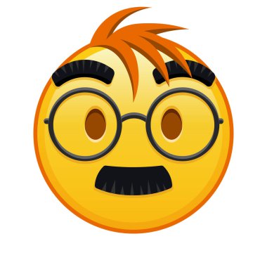 Gözlüklü ve bıyıklı bir yüz. Kocaman sarı bir gülümseme ve saçları var.