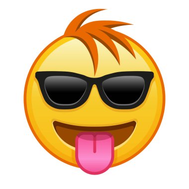 Dilli ve güneş gözlüklü bir yüz. Sarı emoji büyüklüğünde, saçlı bir gülümseme.