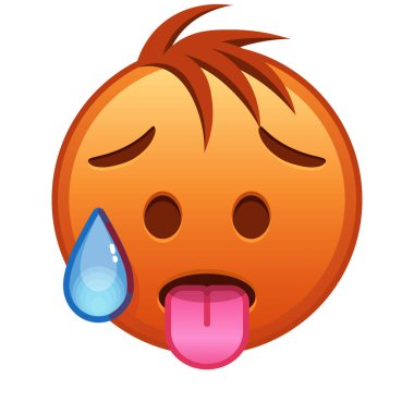 Terli bir yüz. Kocaman kırmızı bir gülümseme ve saçları var.