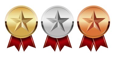 Kırmızı kurdeleli altın gümüş ve bronz madalya ve spor ve oyunlarda yıldız