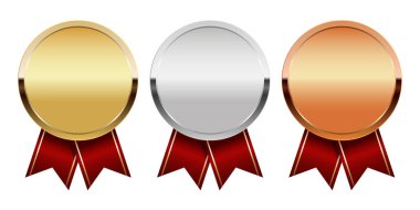 Spor ve oyunlar için kırmızı kurdeleli altın gümüş ve bronz madalya