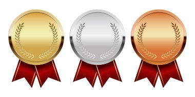 Spor ve oyunlar için kırmızı kurdeleli altın gümüş ve bronz madalya
