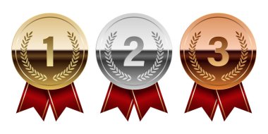 Spor ve oyunlar için kırmızı kurdeleli altın gümüş ve bronz ayna madalyası