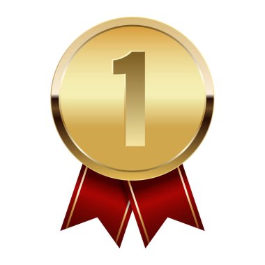 Spor ve oyunlar için kırmızı kurdeleli altın madalya. Oyunlar için madalya ya da para