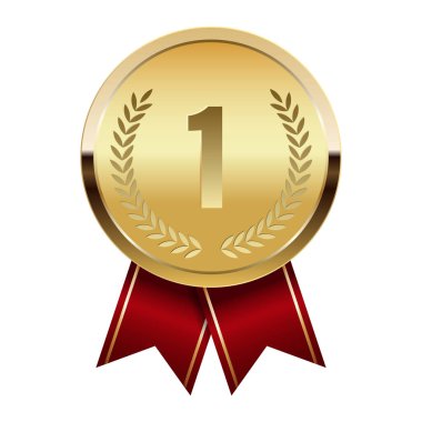 Spor ve oyunlar için kırmızı kurdeleli altın madalya. Oyunlar için madalya ya da para