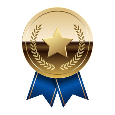 Mavi kurdeleli altın parlak ayna madalyası ve spor ve oyunlarda yıldız. Oyunlar için madalya ya da para